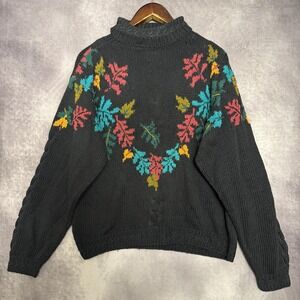 Vintage Woolrich‎ Sweater Women Size Large Black Floral Leaf Mock Neck Knit